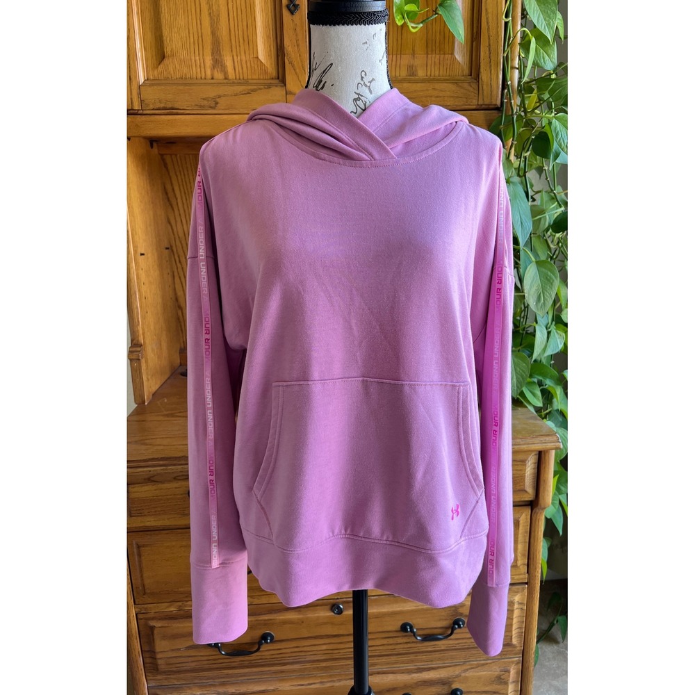Under Armour‎ Womens Rival Terry Hoodie Pink Logo Tape Sweatshirt Medium